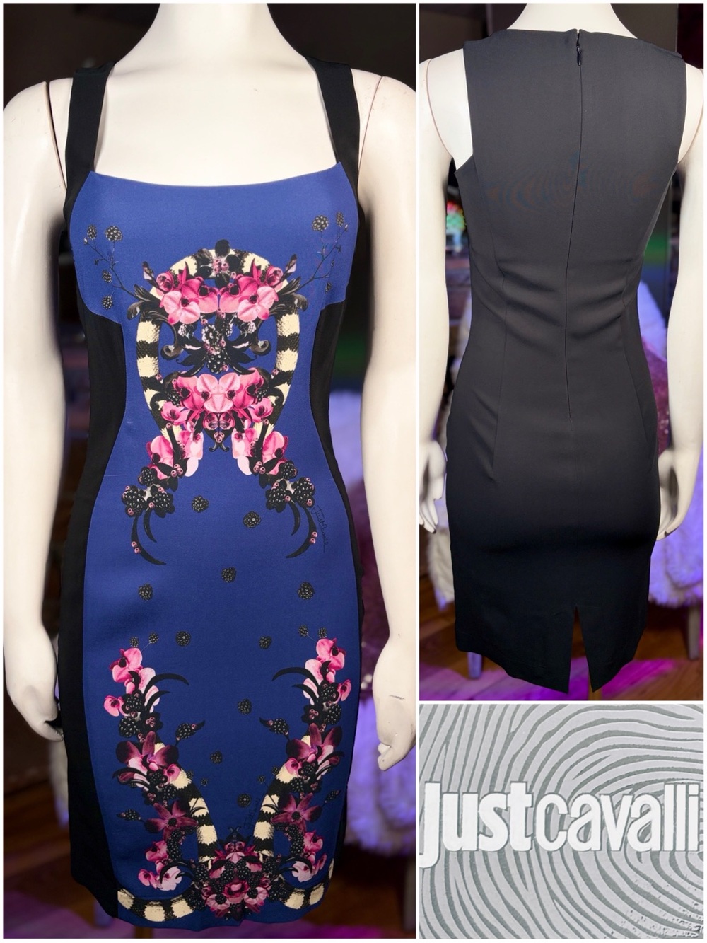 Just Cavalli Blue & Black Sleeveless Bodycon Floral Snake Print Dress, Sz 40/4